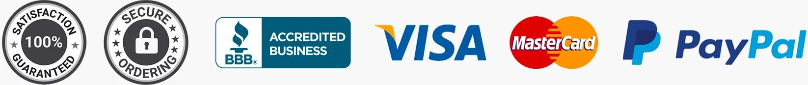 100% Satisfaction Guarantee, Secure SSL Encryption, BBB Accredited Business, Visa, MasterCard, PayPal