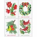 Forever Stamps 2025 Holiday Cheer – Cardinals, Wreath, Holly & Poinsettia Designs, First-Class Postage 100 Stamps 5 Sheets